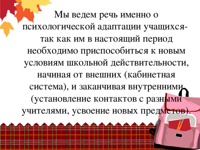 Мы ведем речь именно о психологической адаптации учащихся-  так как им в настоящий период необходимо приспособиться к новым условиям школьной действительности, начиная от внешних (кабинетная система), и заканчивая внутренними (установление контактов с разными учителями, усвоение новых предметов).