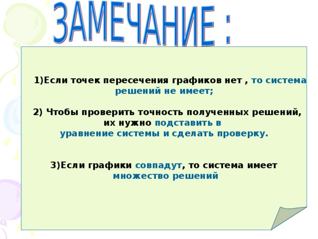 1)Если точек пересечения графиков нет , то система решений не имеет;   2) Чтобы проверить точность полученных решений, их нужно подставить в уравнение системы и сделать проверку.   3)Если графики совпадут , то система имеет  множество решений