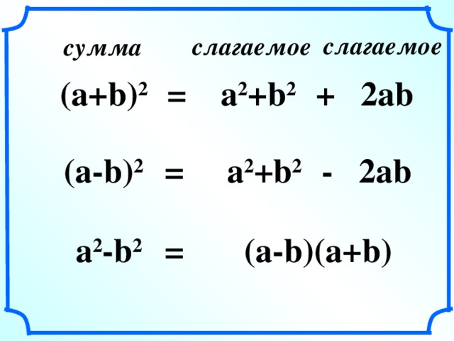 слагаемое слагаемое сумма (a+b) 2 =  a 2 +b 2  + 2ab =  a 2 +b 2  -  2ab (a-b) 2 a 2 -b 2 =  (a-b)(a+b)