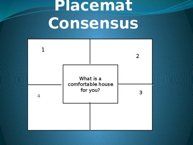Placemat Consensus 11 1 2 2 What is a comfortable house for you? 3 4 4
