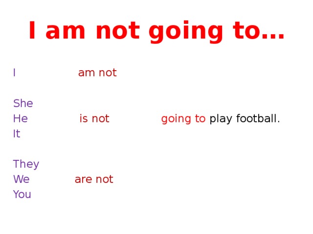 I am not going to… I  am not She He   is not going to play football. It  They We   are not You