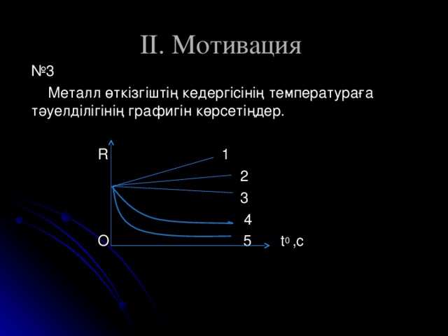 II . Мотивация № 3  Металл өткізгіштің кедергісінің температураға тәуелділігінің графигін көрсетіңдер.  R 1  2   3  4  O 5  t 0 ,c