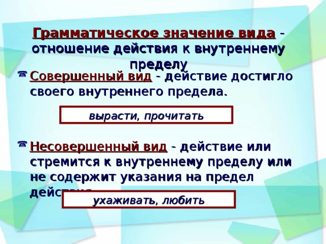 Грамматическое значение вида  - отношение действия к внутреннему пределу   Совершенный вид  - действие достигло своего внутреннего предела.   Несовершенный вид  -  действие или стремится к внутреннему пределу или не содержит указания на предел действия. вырасти, прочитать ухаживать, любить