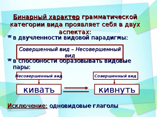 Бинарный характер грамматической категории вида проявляет себя в двух аспектах: в двучленности видовой парадигмы:   в способности образовывать видовые пары:   Исключение:  одновидовые глаголы Совершенный вид – Несовершенный вид Несовершенный вид Совершенный вид кивать кивнуть