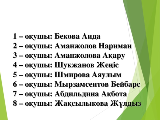 1 – оқушы: Бекова Аида 2 – оқушы: Аманжолов Нариман 3 – оқушы: Аманжолова Ақару 4 – оқушы: Шукжанов Жеңіс 5 – оқушы: Шмирова Аяулым 6 – оқушы: Мырзамсеитов Бейбарс 7 – оқушы: Абдильдина Ақбота 8 – оқушы: Жақсылыкова Жұлдыз