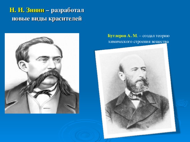 Н. И. Зинин – разработал новые виды красителей Бутлеров А. М . – создал теорию химического строения вещества