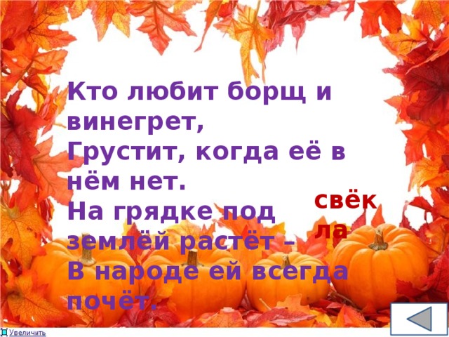 Кто любит борщ и винегрет, Грустит, когда её в нём нет. На грядке под землёй растёт – В народе ей всегда почёт. свёкла