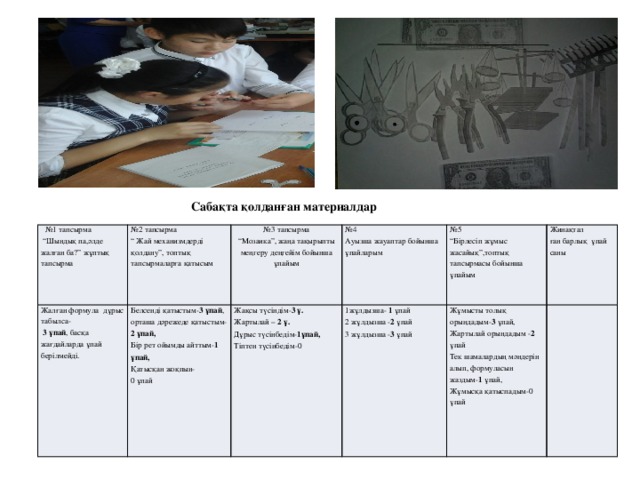 Сабақта қолданған материалдар № 1 тапсырма Жалған формула дұрыс табылса- № 2 тапсырма “ Шындық па,әлде жалған ба?” жұптық тапсырма  3 ұпай , басқа жағдайларда ұпай берілмейді. Белсенді қатыстым- 3 ұпай , орташа дәрежеде қатыстым- 2 ұпай, № 3 тапсырма “ Жай механизмдерді қолдану”, топтық тапсырмаларға қатысым № 4 Жақсы түсіндім- 3 ұ. Бір рет ойымды айттым- 1 ұпай, “ Мозаика”, жаңа тақырыпты меңгеру деңгейім бойынша ұпайым 1жұлдызша- 1 ұпай № 5 Ауызша жауаптар бойынша ұпайларым Қатысқан жоқпын- Жартылай – 2 ұ. Жұмысты толық орындадым- 3 ұпай, “ Бірлесіп жұмыс жасайық”,топтық тапсырмасы бойынша ұпайым Дұрыс түсінбедім- 1ұпай, Жинақтал 2 жұлдызша - 2 ұпай 0 ұпай 3 жұлдызша - 3 ұпай Тіптен түсінбедім-0 Жартылай орындадым - 2 ұпай ған барлық ұпай саны Тек шамалардың мәндерін алып, формуласын жаздым- 1 ұпай, Жұмысқа қатыспадым-0 ұпай