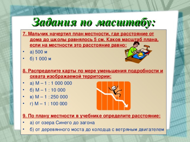 Задания по масштабу: 7. Мальчик начертил план местности, где расстояние от дома до школы равнялось 5 см. Каков масштаб плана, если на местности это расстояние равно: а) 500 м б) 1 000 м  8. Распределите карты по мере уменьшения подробности и охвата изображаемой территории: а) М – 1 : 1 000 000 б) М – 1 : 10 000 в) М – 1 : 250 000 г) М – 1 : 100 000  9. По плану местности в учебнике определите расстояние: