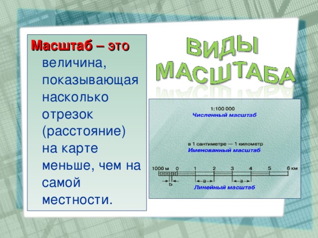 Масштаб – это величина, показывающая насколько отрезок (расстояние) на карте меньше, чем на самой местности.