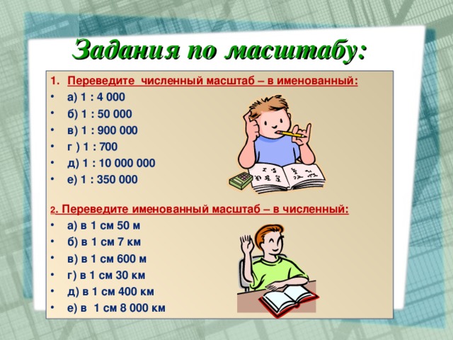 Задания по масштабу: Переведите численный масштаб – в именованный: а) 1 : 4 000 б) 1 : 50 000 в) 1 : 900 000 г ) 1 : 700 д) 1 : 10 000 000 е) 1 : 350 000  2 . Переведите именованный масштаб – в численный: