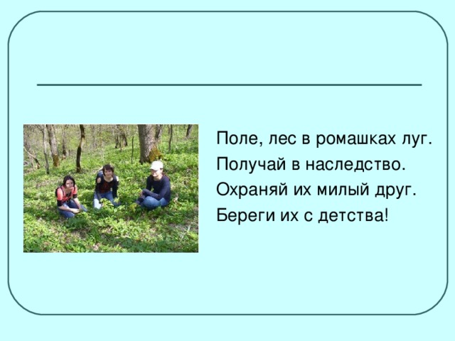 Поле, лес в ромашках луг. Получай в наследство. Охраняй их милый друг. Береги их с детства!