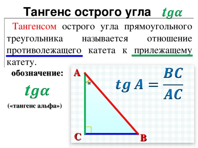Тангенс острого угла Тангенсом острого угла прямоугольного треугольника называется отношение противолежащего катета к прилежащему катету. A («тангенс альфа») C B