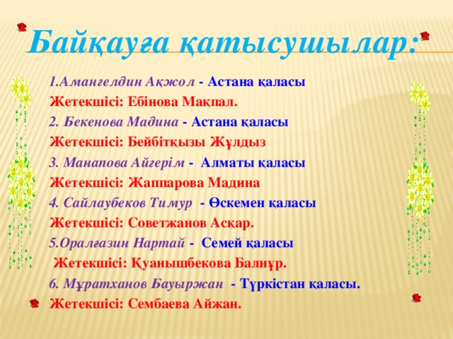 Байқауға қатысушылар: 1.Амангелдин Ақжол - Астана қаласы Жетекшісі: Ебінова Мақпал. 2. Бекенова Мадина - Астана қаласы Жетекшісі: Бейбітқызы Жұлдыз 3. Манапова Айгерім - Алматы қаласы Жетекшісі: Жаппарова Мадина 4. Сайлаубеков Тимур - Өскемен қаласы Жетекшісі: Советжанов Асқар. 5.Оралғазин Нартай - Семей қаласы  Жетекшісі: Қуанышбекова Балнұр. 6. Мұратханов Бауыржан - Түркістан қаласы. Жетекшісі: Сембаева Айжан.