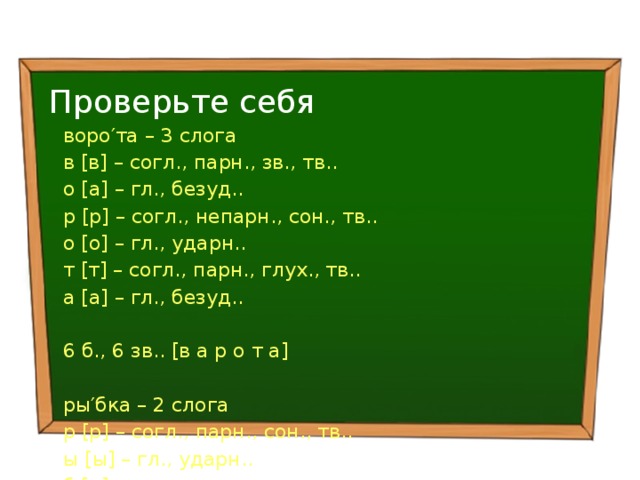 Проверьте себя воро′та – 3 слога в [в] – согл., парн., зв., тв.. о [а] – гл., безуд.. р [р] – согл., непарн., сон., тв.. о [о] – гл., ударн.. т [т] – согл., парн., глух., тв.. а [а] – гл., безуд.. 6 б., 6 зв.. [в а р о т а]  ры′бка – 2 слога р [р] – согл., парн., сон., тв.. ы [ы] – гл., ударн.. б [п] – согл., парн., глух., тв.. к [к] – согл., парн., глух., тв.. а [а] – гл., безуд.. 5 б., 5 зв.. [р ы п к а]