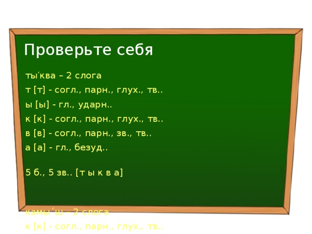 Проверьте себя ты′ква – 2 слога т [т] - согл., парн., глух., тв.. ы [ы] - гл., ударн.. к [к] - согл., парн., глух., тв.. в [в] - согл., парн., зв., тв.. а [а] - гл., безуд.. 5 б., 5 зв.. [т ы к в а] камы´ш – 2 слога к [к] - согл., парн., глух., тв.. а [а] - гл., безуд.. м [м] - согл., непарн., сон., тв.. ы [ы] - гл., ударн.. ш [ш] - согл., парн., глух., тв.. 5 б., 5 зв.. [к а м ы ш]