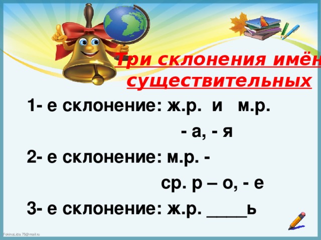 Три склонения имён существительных 1- е склонение: ж.р. и м.р.  - а, - я 2- е склонение: м.р. -  ср. р – о, - е 3- е склонение: ж.р. ____ь