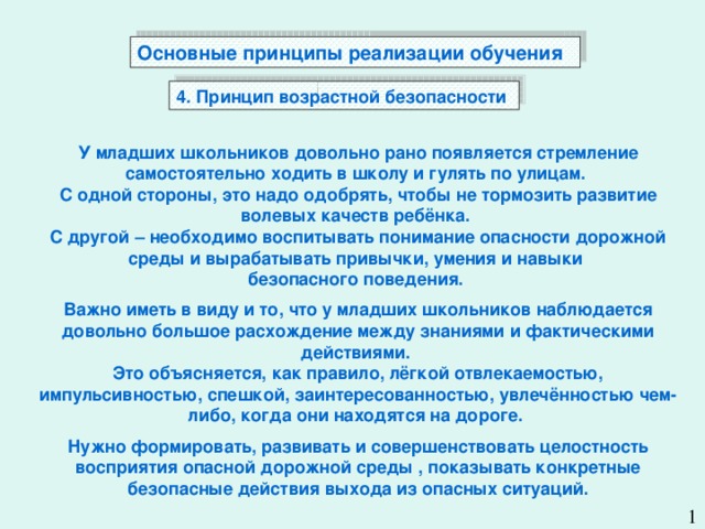 Основные принципы реализации обучения   4. Принцип возрастной безопасности У младших школьников довольно рано появляется стремление самостоятельно ходить в школу и гулять по улицам. С одной стороны, это надо одобрять, чтобы не тормозить развитие волевых качеств ребёнка. С другой – необходимо воспитывать понимание опасности дорожной среды и вырабатывать привычки, умения и навыки безопасного поведения.  Важно иметь в виду и то, что у младших школьников наблюдается довольно большое расхождение между знаниями и фактическими действиями. Это объясняется, как правило, лёгкой отвлекаемостью, импульсивностью, спешкой, заинтересованностью, увлечённостью чем-либо, когда они находятся на дороге.  Нужно формировать, развивать и совершенствовать целостность восприятия опасной дорожной среды , показывать конкретные безопасные действия выхода из опасных ситуаций.