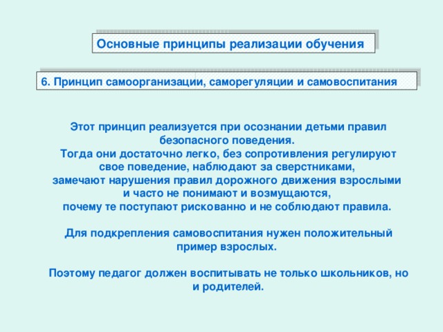 Основные принципы реализации обучения  6. Принцип самоорганизации, саморегуляции и самовоспитания Этот принцип реализуется при осознании детьми правил безопасного поведения. Тогда они достаточно легко, без сопротивления регулируют свое поведение, наблюдают за сверстниками, замечают нарушения правил дорожного движения взрослыми и часто не понимают и возмущаются, почему те поступают рискованно и не соблюдают правила.  Для подкрепления самовоспитания нужен положительный пример взрослых.  Поэтому педагог должен воспитывать не только школьников, но и родителей.