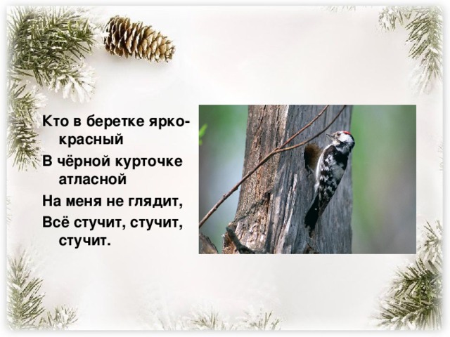 Кто в беретке ярко-красный В чёрной курточке атласной На меня не глядит, Всё стучит, стучит, стучит.