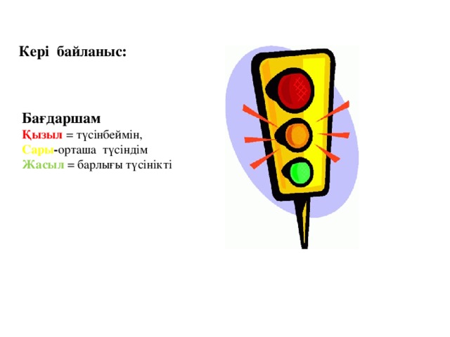 Кері байланыс: Бағдаршам Қызыл = түсінбеймін, Сары - орташа түсіндім Жасыл  = барлығы түсінікті