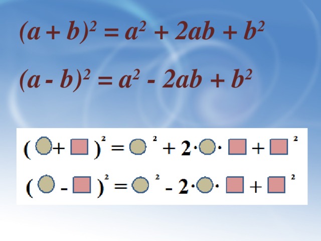 (а  + b) 2 = а 2 + 2аb + b 2  (а  - b) 2 = а 2 ­­- 2аb + b 2