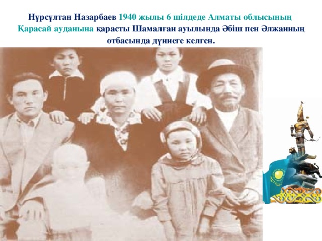 Нұрсұлтан Назарбаев 1940 жылы  6 шілдеде  Алматы облысының  Қарасай ауданына қарасты Шамалған ауылында Әбіш пен Әлжанның отбасында дүниеге келген.