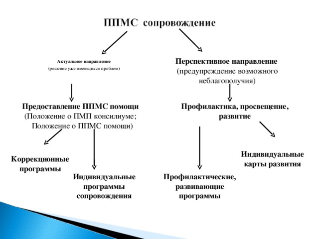 Перспективное направление (предупреждение возможного неблагополучия) Актуальное направление (решение уже имеющихся проблем)   Профилактика, просвещение, развитие Предоставление ППМС помощи (Положение о ПМП консилиуме;  Положение о ППМС помощи) Индивидуальные карты развития Коррекционные программы Индивидуальные программы сопровождения Профилактические, развивающие программы