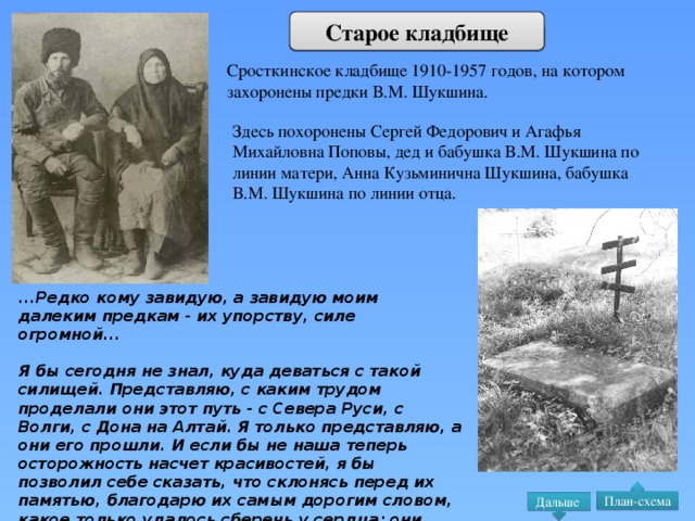 Старое кладбище Сросткинское кладбище 1910-1957 годов, на котором захоронены предки В.М. Шукшина. Здесь похоронены Сергей Федорович и Агафья Михайловна Поповы, дед и бабушка В.М. Шукшина по линии матери, Анна Кузьминична Шукшина, бабушка В.М. Шукшина по линии отца. ...Редко кому завидую, а завидую моим далеким предкам - их упорству, силе огромной...  Я бы сегодня не знал, куда деваться с такой силищей. Представляю, с каким трудом проделали они этот путь - с Севера Руси, с Волги, с Дона на Алтай. Я только представляю, а они его прошли. И если бы не наша теперь осторожность насчет красивостей, я бы позволил себе сказать, что склонясь перед их памятью, благодарю их самым дорогим словом, какое только удалось сберечь у сердца: они обрели себе и нам, и после нас - прекрасную родину. В.М. Шукшин План-схема Дальше