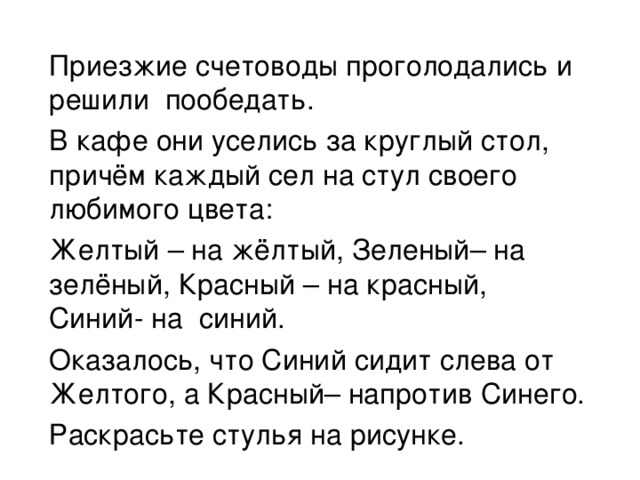 Приезжие счетоводы проголодались и решили пообедать. В кафе они уселись за круглый стол, причём каждый сел на стул своего любимого цвета: Желтый – на жёлтый, Зеленый–  на зелёный, Красный –  на красный, Синий- на синий. Оказалось, что Синий сидит слева от Желтого, а Красный– напротив Синего. Раскрасьте стулья на рисунке.