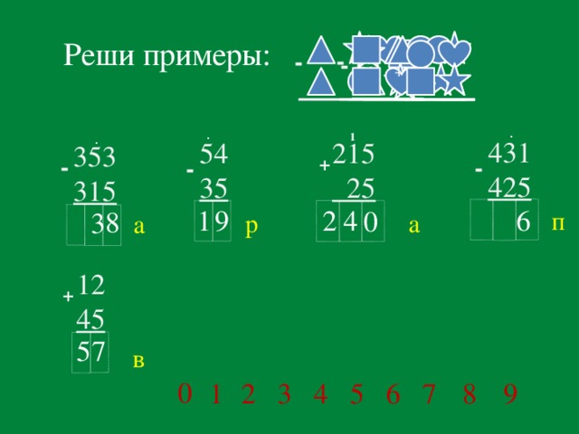 Реши примеры: - - - + + . . 1 .  431  425  54  35  215   25  353  315 - - - + 9 1 6 2 4 0 8 3 п р а а  12  45 + 7 5 в 0  9 7 5  4  3 2  1 6  8