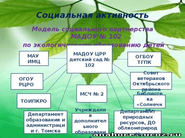 Социальная активность Модель социального партнерства МАДОУ № 102  по экологическому образованию детей МАДОУ ЦРР детский сад № 102 МАУ ИМЦ ОГБОУ ТГПК Совет ветеранов Октябрьского района ОГОУ РЦРО МСЧ № 2 ТОИПКРО Библиотека «Солнечная» Департамент природных ресурсов, ДО облкомприроды Департамент образования и администрации г. Томска Учреждения дополнительного образования