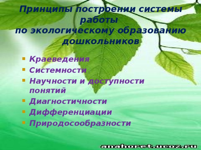 Принципы построении системы работы  по экологическому образованию дошкольников Краеведения Системности Научности и доступности понятий Диагностичности Дифференциации Природосообразности