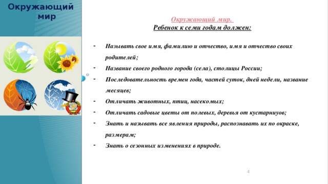 Окружающий мир  Окружающий мир. Ребенок к семи годам должен:  Называть свое имя, фамилию и отчество, имя и отчество своих родителей; Название своего родного города (села), столицы России; Последовательность времен года, частей суток, дней недели, название месяцев; Отличать животных, птиц, насекомых; Отличать садовые цветы от полевых, деревья от кустарниуов; Знать и называть все явления природы, распознавать их по окраске, размерам; Знать о сезонных изменениях в природе.