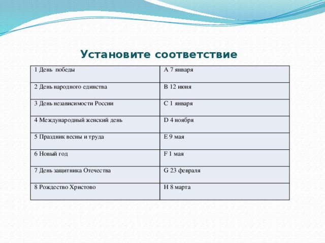 Установите соответствие  1 День победы  A 7 января  2 День народного единства  B 12 июня  3 День независимости России  C 1 января  4 Международный женский день  D 4 ноября  5 Праздник весны и труда  E 9 мая  6 Новый год  F 1 мая  7 День защитника Отечества  G 23 февраля  8 Рождество Христово  H 8 марта