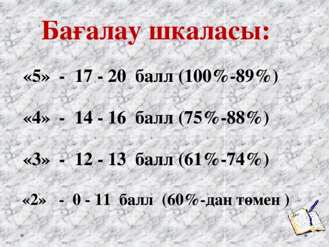 Бағалау шкаласы:  «5» - 17 - 20 балл (100%-89%)   «4» - 14 - 16 балл (75%-88%)   «3» - 12 - 13 балл (61%-74%)   «2» - 0 - 11 балл (60%-дан төмен )