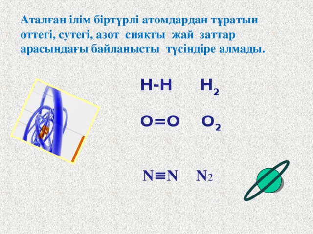 Аталған ілім біртүрлі атомдардан тұратын оттегі, сутегі, азот сияқты жай заттар арасындағы байланысты түсіндіре алмады. H-H  H 2 O=O  O 2 N≡N N 2