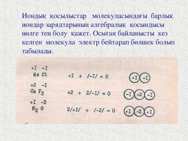 Иондық қосылыстар молекуласындағы барлық иондар зарядтарының алгебралық қосындысы нөлге тең болу қажет. Осыған байланысты кез келген молекула электр бейтарап бөлшек болып табылады.