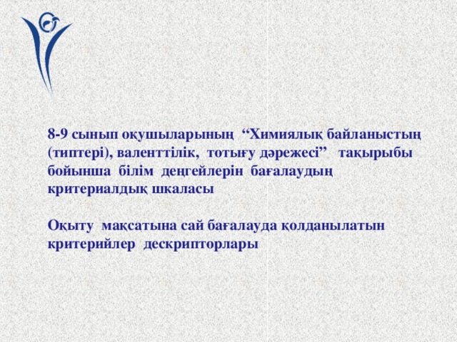 Терминологиялық сөздік Қазақ  тілінде Орыс тілінде Химиялық байланыс Ағылшын тілінде Химическая связь Иондық байланыс Chemical bond Ионная связь Ковалентті полюссіз байланыс  Ionic bond Ковалентная неполярная связь Ковалентті полюсті байланыс Электртерістілік Ковалентная полярная связь Non-polar covalent bond Polar covalent bond Электроотрицательность Тотығу дәрежесі Electronegativity  Степень окисления Валенттілік Oxidation level  Валентность Металдық байланыс  Valency Металлическая связь Metallic bond