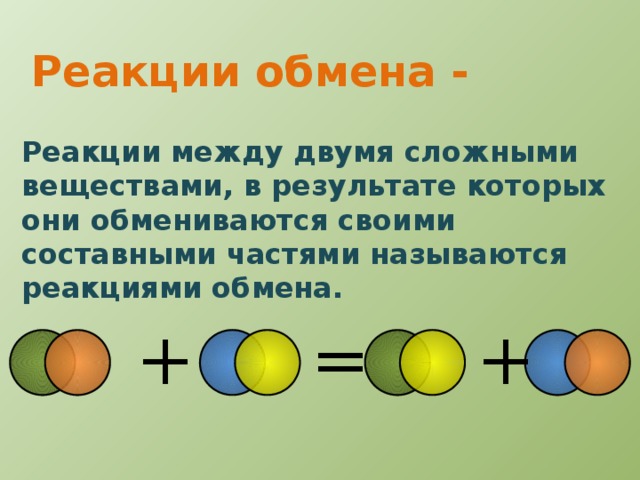 Реакции обмена - Реакции между двумя сложными веществами, в результате которых они обмениваются своими составными частями называются реакциями обмена. + + =