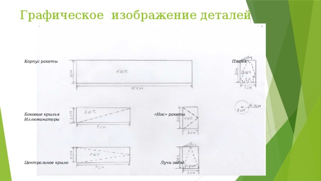 Графическое изображение деталей         Корпус ракеты Пламя           Боковые крылья «Нос» ракеты Иллюминаторы         Центральное крыло Лучи звёзд