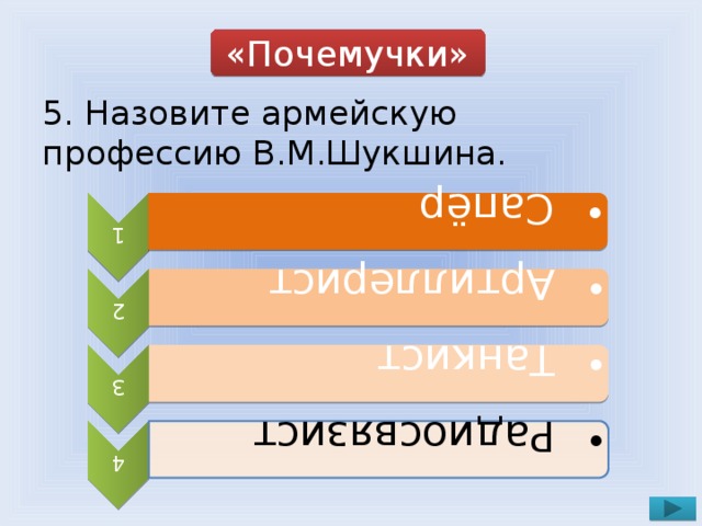 1  Сапёр  Сапёр 2  Артиллерист  Артиллерист 3  Танкист  Танкист 4  Радиосвязист  Радиосвязист «Почемучки» 5. Назовите армейскую профессию В.М.Шукшина.