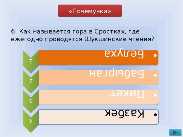 1  Белуха  Белуха 2  Бабырган  Бабырган 3  Пикет  Пикет 4  Казбек  Казбек «Почемучки» 6.  Как называется гора в Сростках, где ежегодно проводятся Шукшинские чтения?