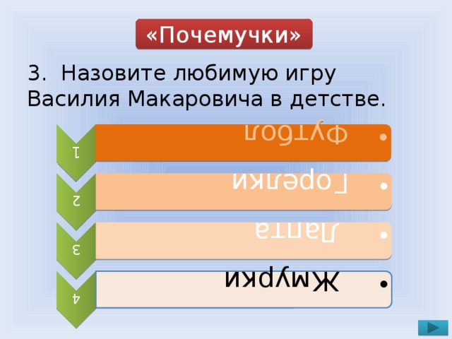 1  Футбол  Футбол 2  Горелки  Горелки 3  Лапта  Лапта 4  Жмурки  Жмурки «Почемучки» 3. Назовите любимую игру Василия Макаровича в детстве.