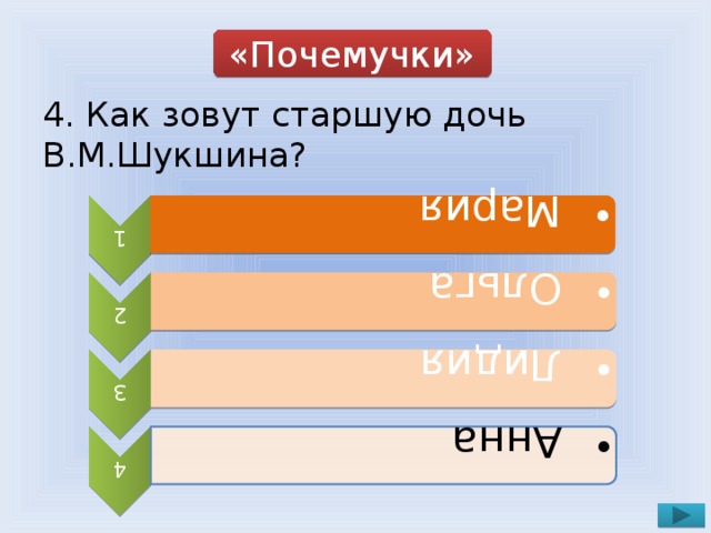 1  Мария  Мария 2  Ольга  Ольга 3  Лидия  Лидия 4  Анна  Анна «Почемучки» 4. Как зовут старшую дочь В.М.Шукшина?