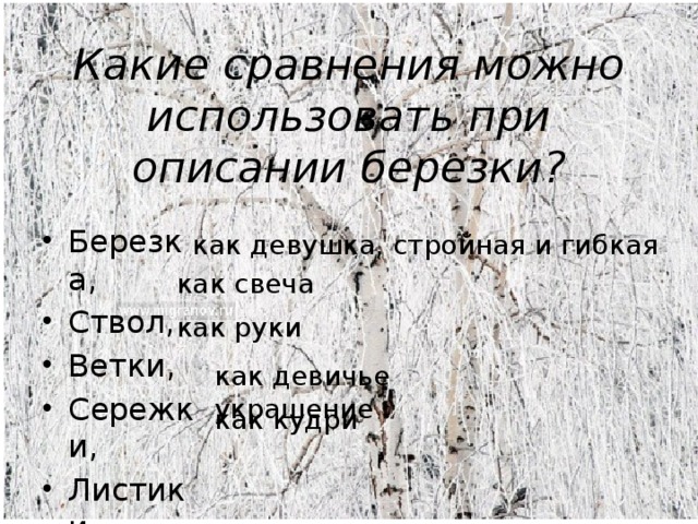 Какие сравнения можно использовать при описании березки? Березка, Ствол, Ветки, Сережки, Листики, как девушка, стройная и гибкая как свеча как руки как девичье украшение как кудри