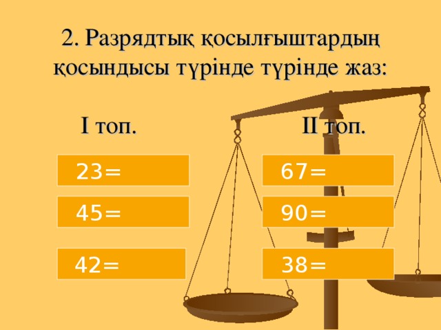 2. Разрядтық қосылғыштардың қосындысы түрінде түрінде жаз:  І топ. ІІ топ. 23 =  67=  45=  90=  42=  38=