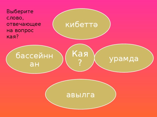 Выберите слово, отвечающее на вопрос кая? кибеттә Кая? урамда бассейннан авылга