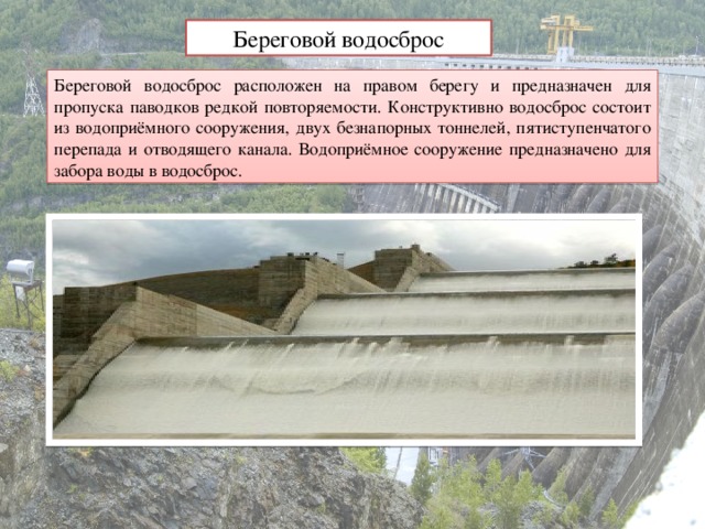 Береговой водосброс Береговой водосброс расположен на правом берегу и предназначен для пропуска паводков редкой повторяемости. Конструктивно водосброс состоит из водоприёмного сооружения, двух безнапорных тоннелей, пятиступенчатого перепада и отводящего канала. Водоприёмное сооружение предназначено для забора воды в водосброс.