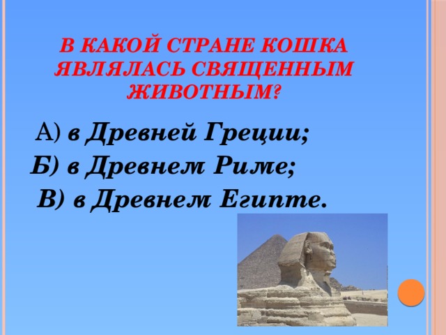 В какой стране кошка являлась священным животным?     А) в Древней Греции; Б) в Древнем Риме;  В) в Древнем Египте.